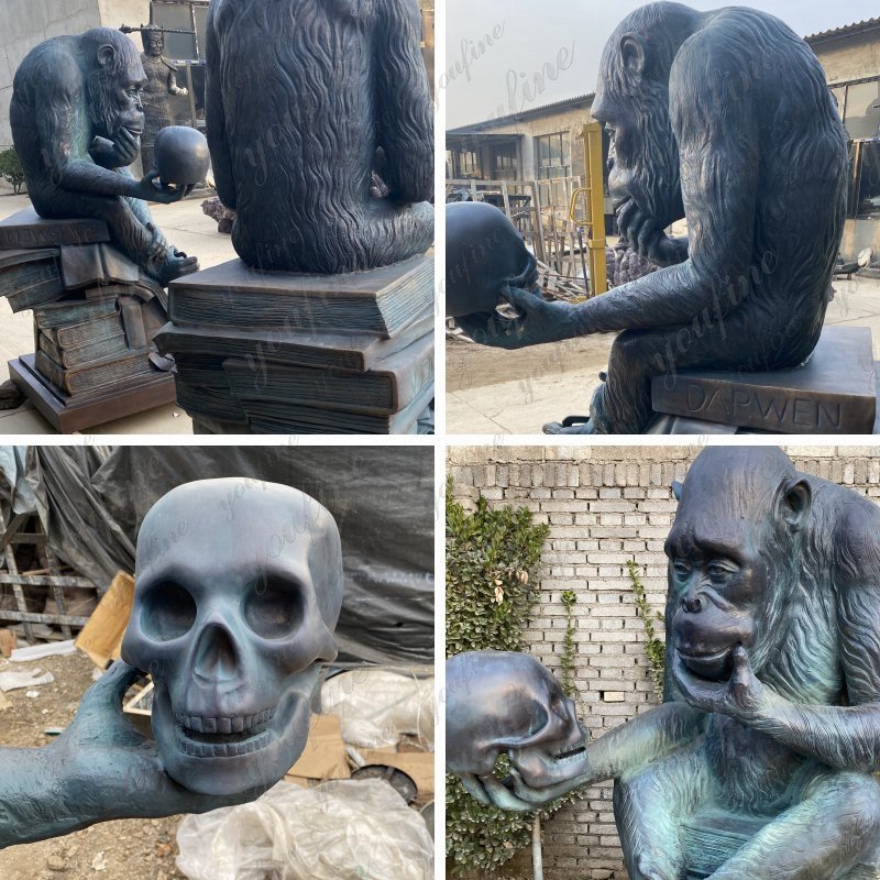 bronze monkey with skull statue details